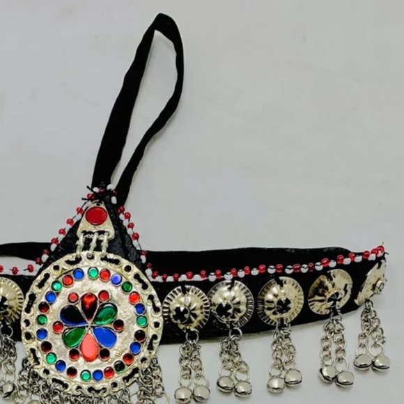 Silver Matha Patti, Traditional Matha Patti With Multicolor Glass Stone and Bell - Picture 14 of 14